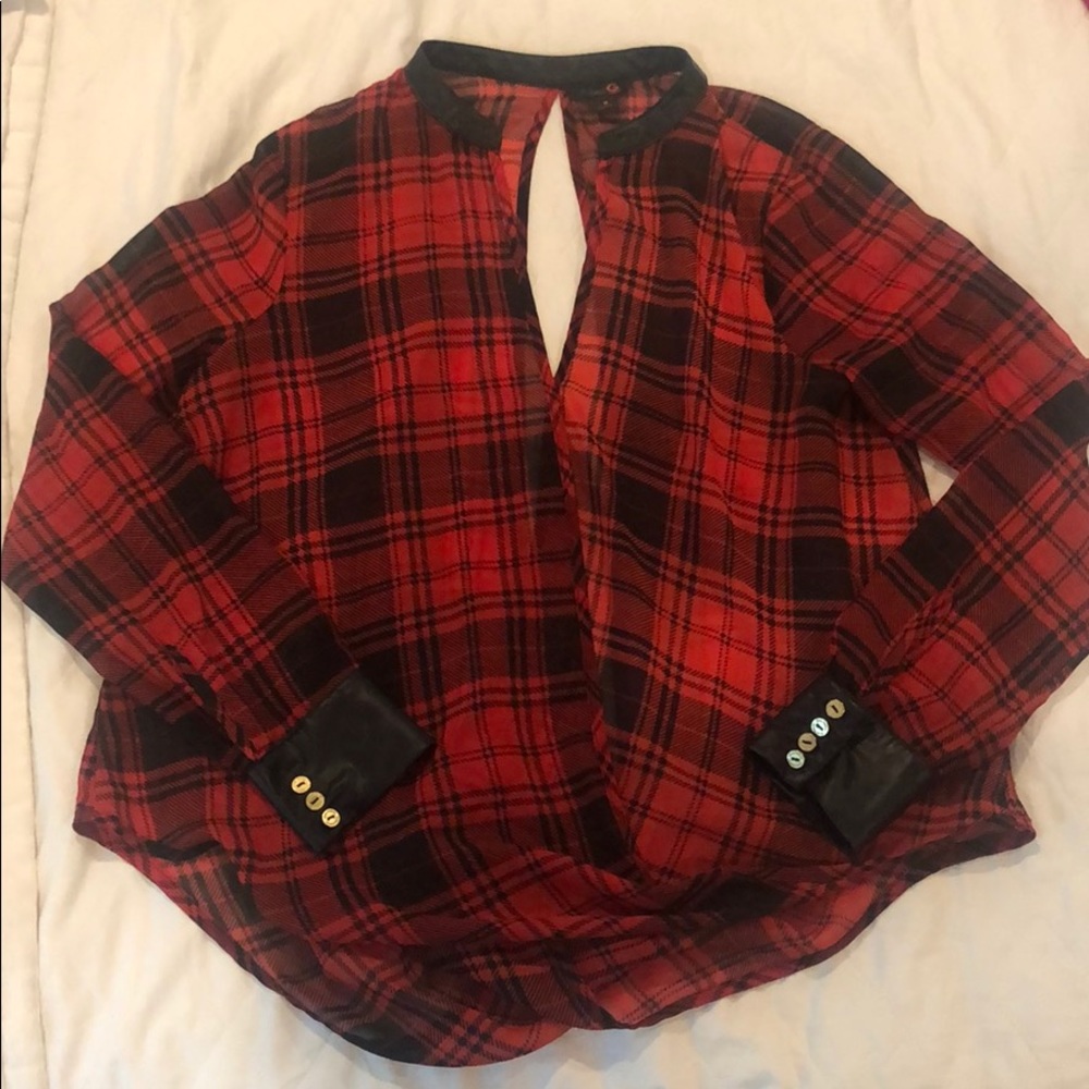 Guess red and black plaid sheer top